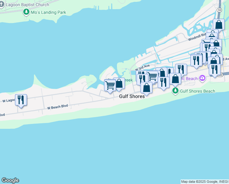 map of restaurants, bars, coffee shops, grocery stores, and more near 104 West 8th Street in Gulf Shores