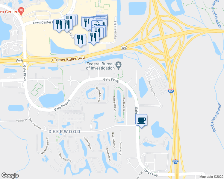 map of restaurants, bars, coffee shops, grocery stores, and more near 7466 Scarlet Ibis Lane in Jacksonville