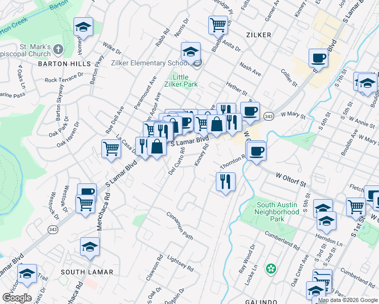 map of restaurants, bars, coffee shops, grocery stores, and more near 2212 Iva Lane in Austin