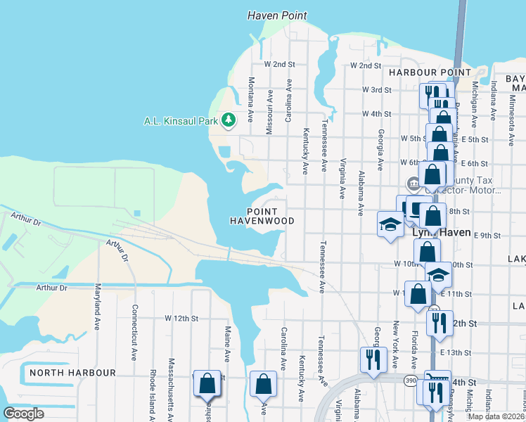 map of restaurants, bars, coffee shops, grocery stores, and more near 801 West 8th Street Circle in Lynn Haven