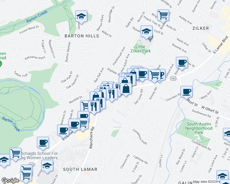 map of restaurants, bars, coffee shops, grocery stores, and more near 2002 La Casa Drive in Austin