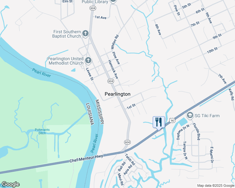 map of restaurants, bars, coffee shops, grocery stores, and more near in Pearlington