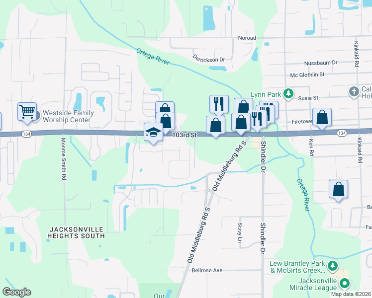 map of restaurants, bars, coffee shops, grocery stores, and more near 5456 Village Pond Court in Jacksonville