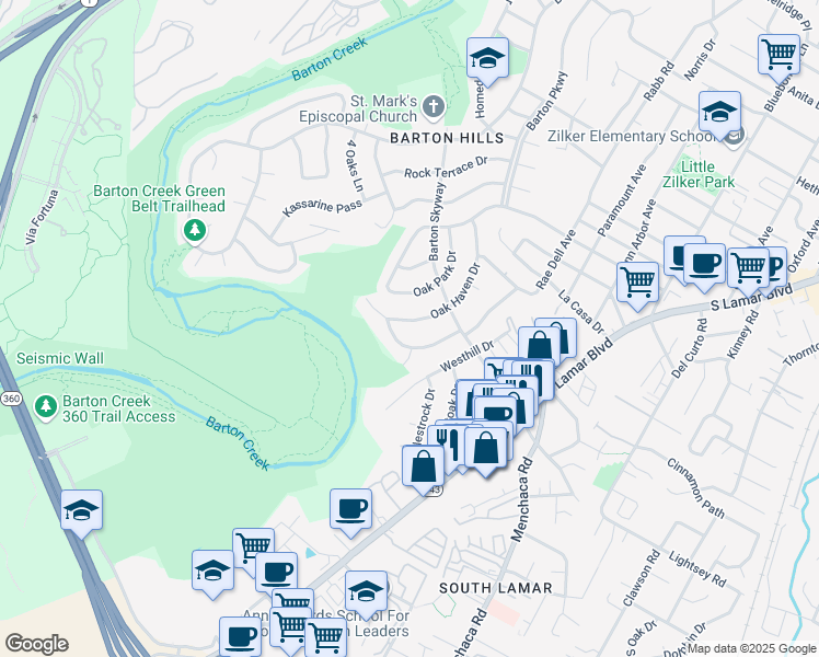 map of restaurants, bars, coffee shops, grocery stores, and more near 3006 Rae Dell Avenue in Austin