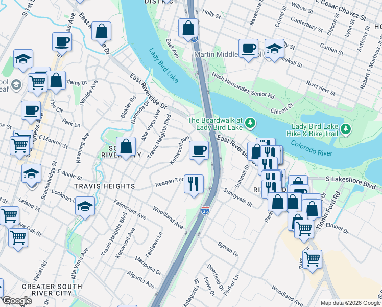 map of restaurants, bars, coffee shops, grocery stores, and more near 1319 Bonham Terrace in Austin