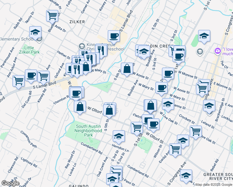 map of restaurants, bars, coffee shops, grocery stores, and more near 2112 South 5th Street in Austin