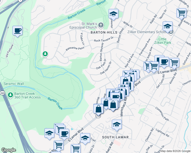 map of restaurants, bars, coffee shops, grocery stores, and more near 3006 Rae Dell Avenue in Austin