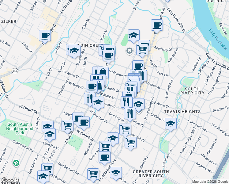 map of restaurants, bars, coffee shops, grocery stores, and more near 307 West Annie Street in Austin