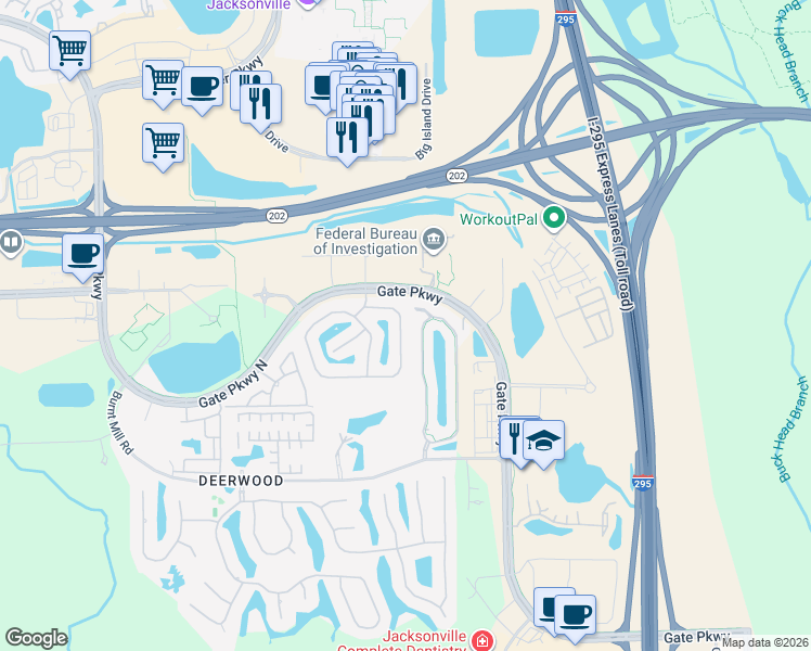 map of restaurants, bars, coffee shops, grocery stores, and more near 7484 Scarlet Ibis Lane in Jacksonville