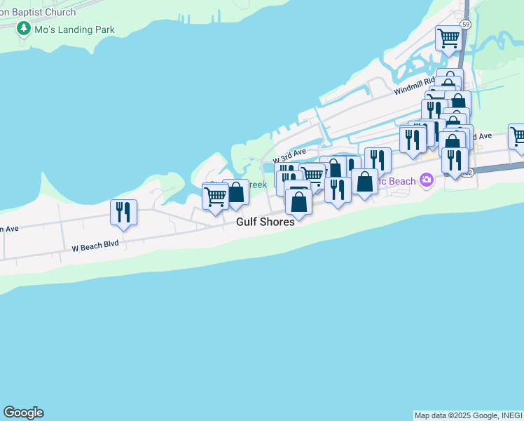 map of restaurants, bars, coffee shops, grocery stores, and more near in Gulf Shores
