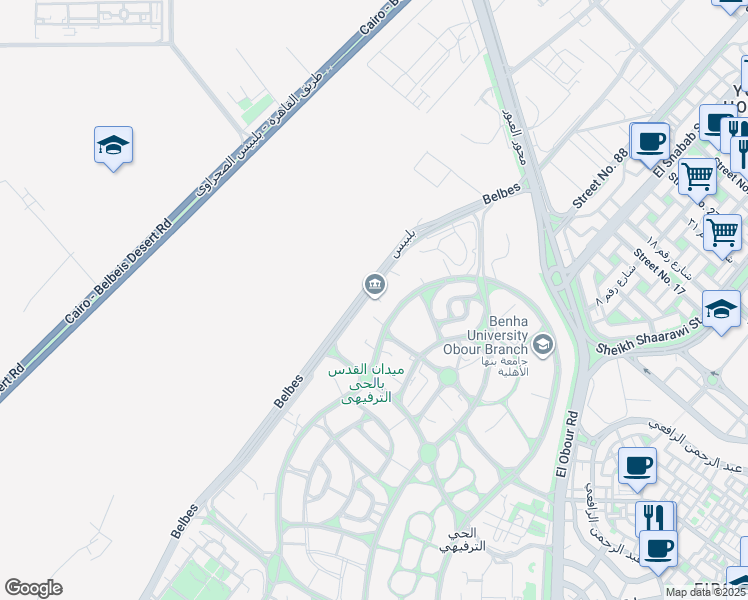 map of restaurants, bars, coffee shops, grocery stores, and more near Cairo - Belbeis Desert Road in Obour