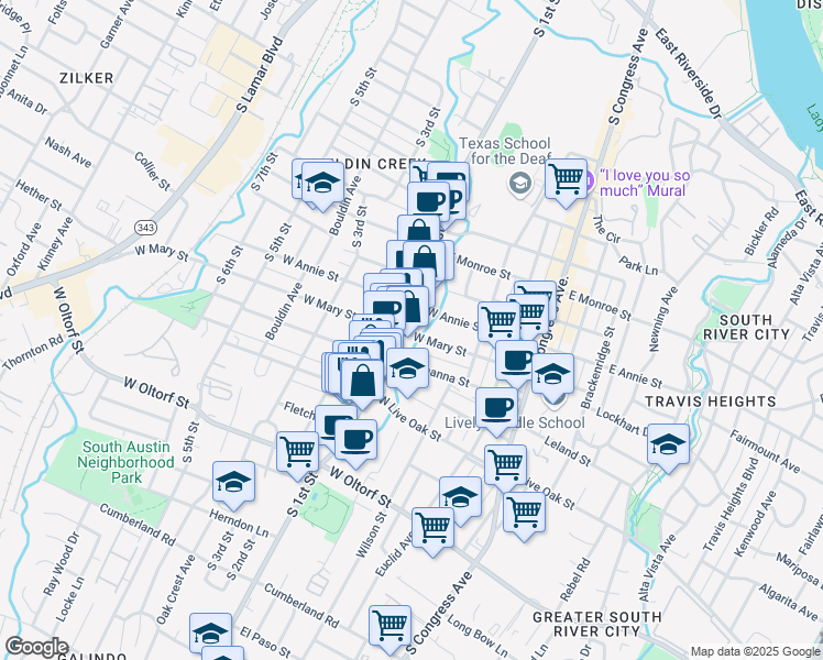 map of restaurants, bars, coffee shops, grocery stores, and more near 1811 South 1st Street in Austin