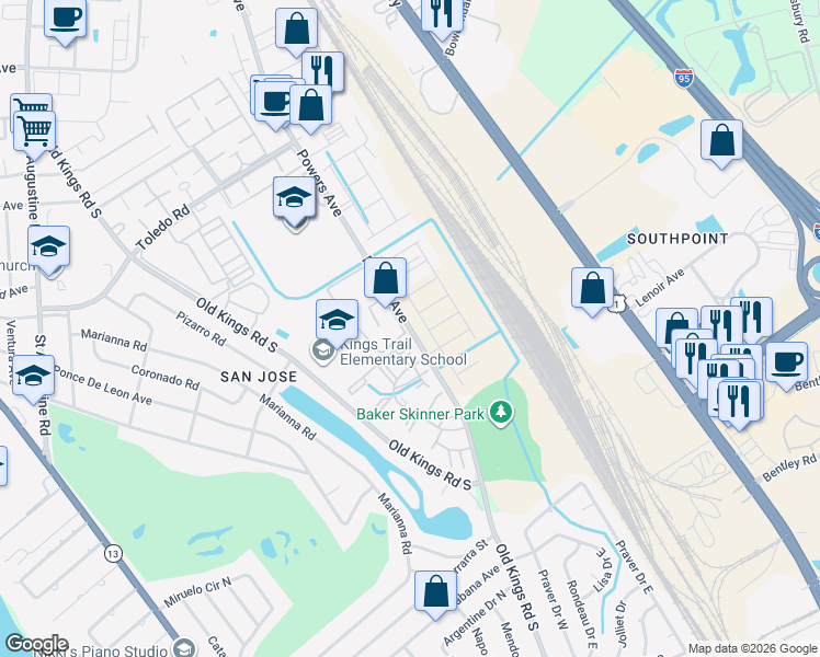 map of restaurants, bars, coffee shops, grocery stores, and more near 7236 Powers Avenue in Jacksonville