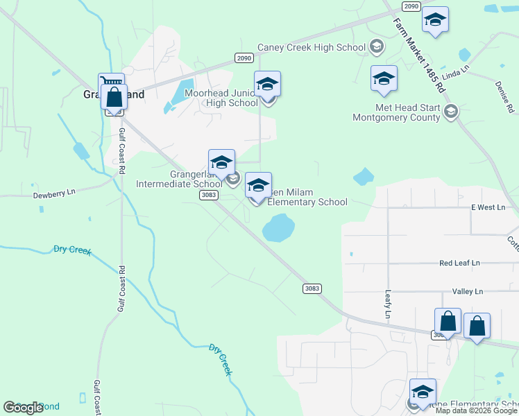 map of restaurants, bars, coffee shops, grocery stores, and more near 16251 Farm to Market Road 3083 in Conroe