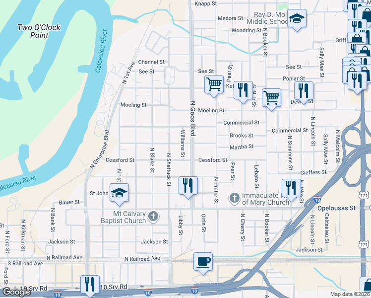 map of restaurants, bars, coffee shops, grocery stores, and more near 1715 Cessford St in Lake Charles