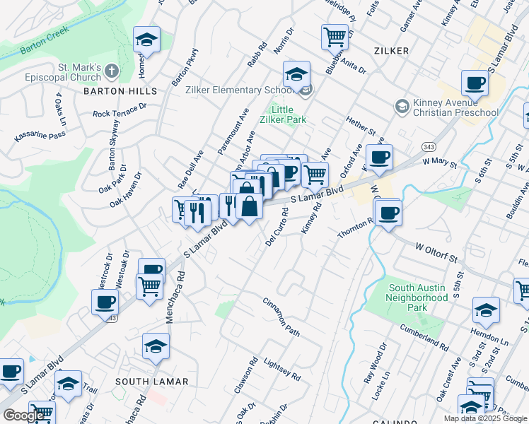 map of restaurants, bars, coffee shops, grocery stores, and more near 2505 Bluebonnet Lane in Austin