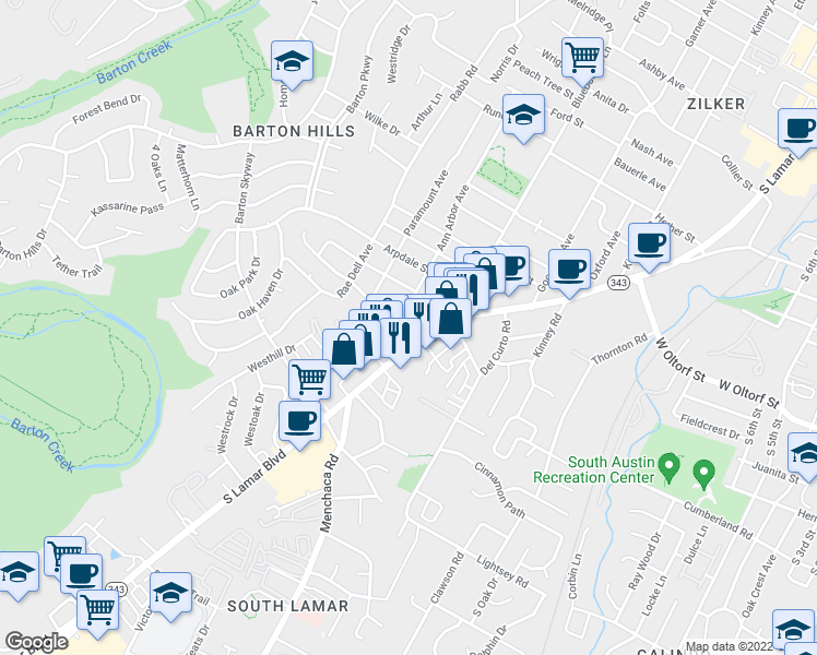 map of restaurants, bars, coffee shops, grocery stores, and more near 2004 La Casa Drive in Austin