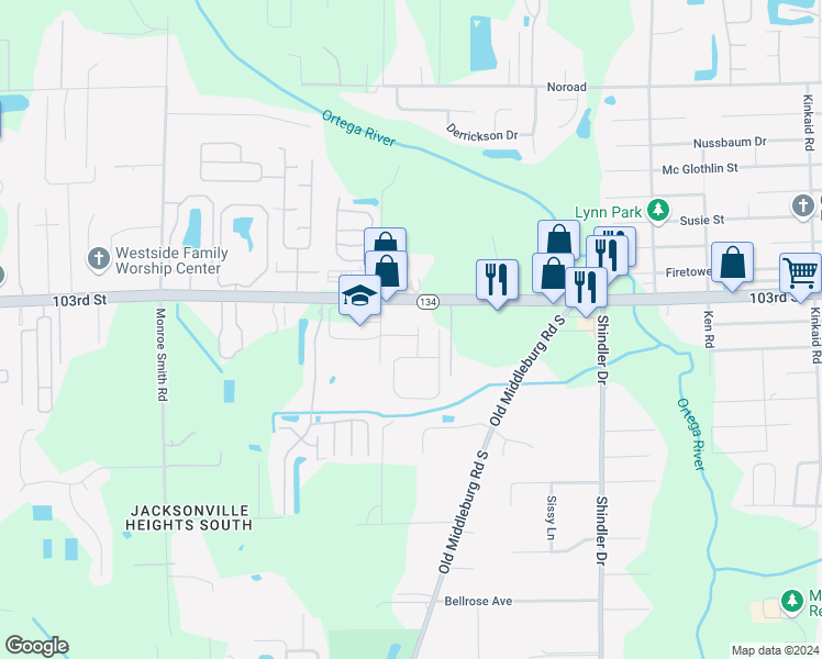 map of restaurants, bars, coffee shops, grocery stores, and more near 9161 Mill Grove Drive in Jacksonville