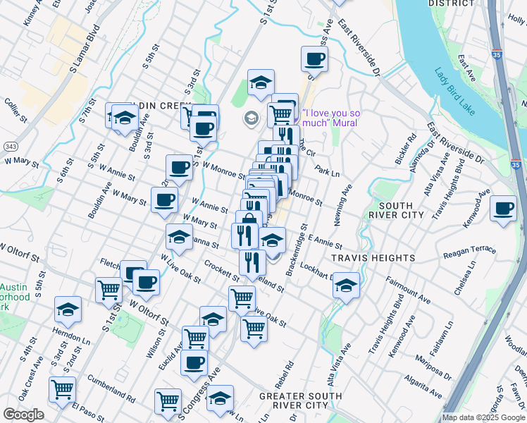 map of restaurants, bars, coffee shops, grocery stores, and more near in Austin