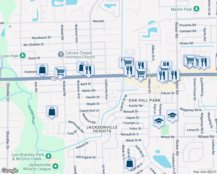 map of restaurants, bars, coffee shops, grocery stores, and more near 8050 103rd Street in Jacksonville