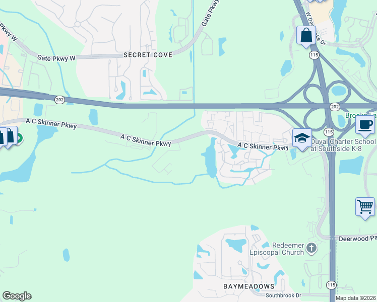 map of restaurants, bars, coffee shops, grocery stores, and more near A C Skinner Pkwy in Jacksonville