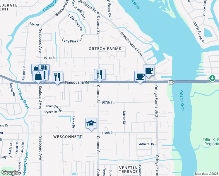 map of restaurants, bars, coffee shops, grocery stores, and more near 5616 Resa Terrace in Jacksonville