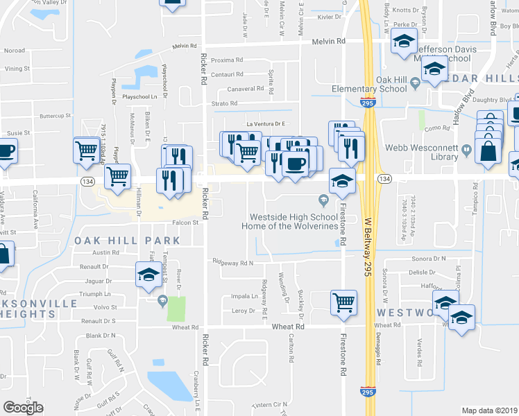 map of restaurants, bars, coffee shops, grocery stores, and more near 5562 Enchanted Drive in Jacksonville