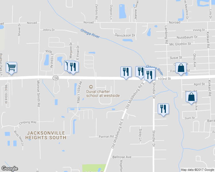 map of restaurants, bars, coffee shops, grocery stores, and more near 5482 Old Colony Drive in Jacksonville