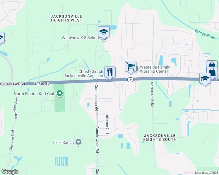 map of restaurants, bars, coffee shops, grocery stores, and more near 9944 103rd Street in Jacksonville