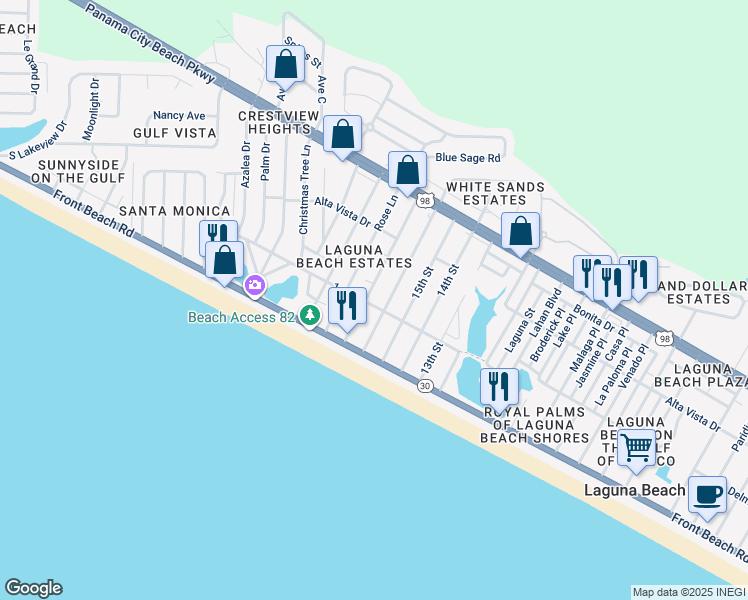 map of restaurants, bars, coffee shops, grocery stores, and more near 124 16th Street in Panama City Beach