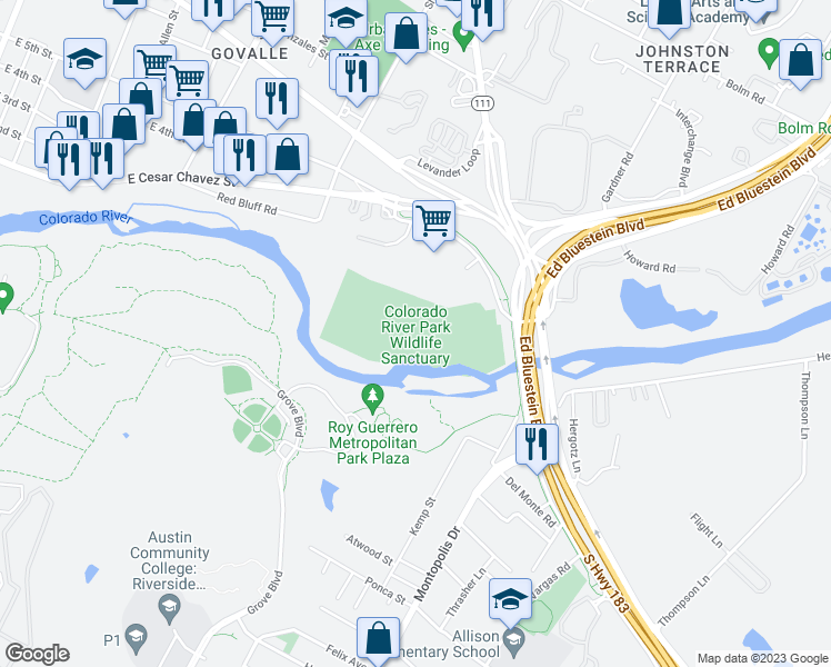 map of restaurants, bars, coffee shops, grocery stores, and more near 5827 Levander Loop in Austin