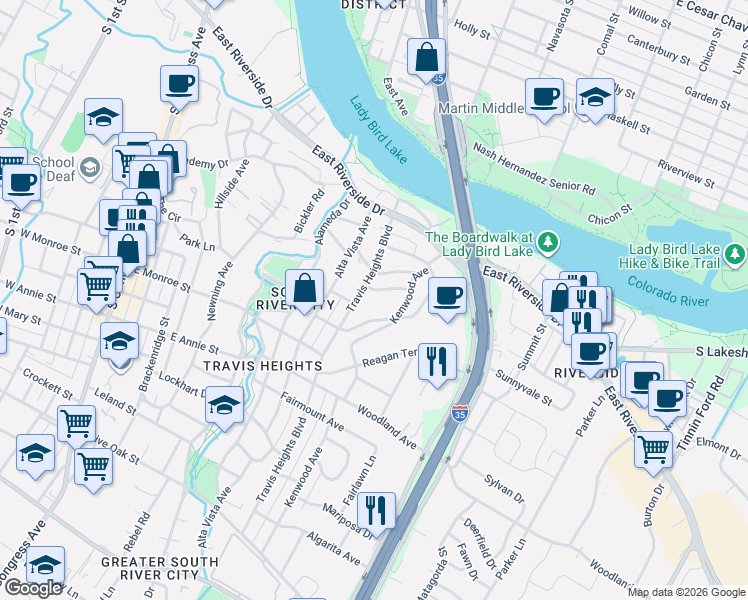 map of restaurants, bars, coffee shops, grocery stores, and more near 1014 Bonham Terrace in Austin