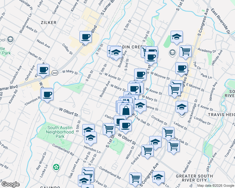 map of restaurants, bars, coffee shops, grocery stores, and more near 711 West Johanna Street in Austin