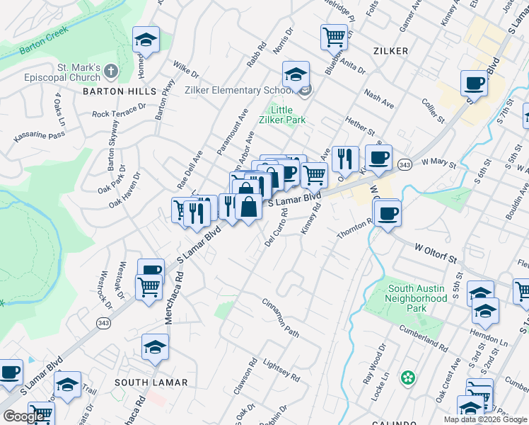 map of restaurants, bars, coffee shops, grocery stores, and more near 2505 Bluebonnet Lane in Austin