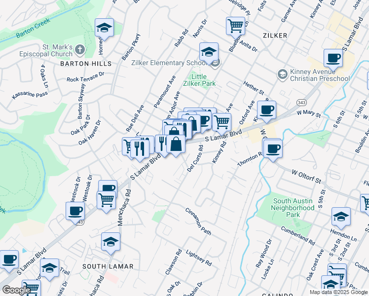 map of restaurants, bars, coffee shops, grocery stores, and more near 2505 Bluebonnet Lane in Austin