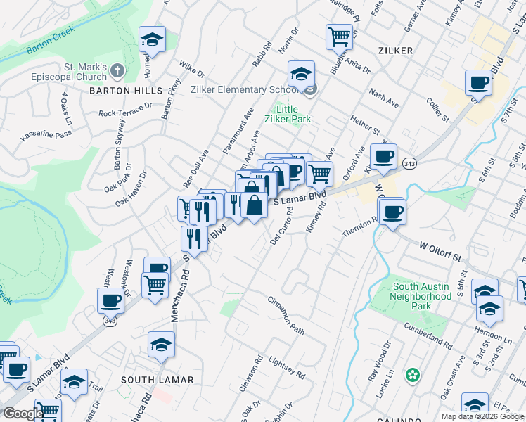 map of restaurants, bars, coffee shops, grocery stores, and more near 2525 South Lamar Boulevard in Austin