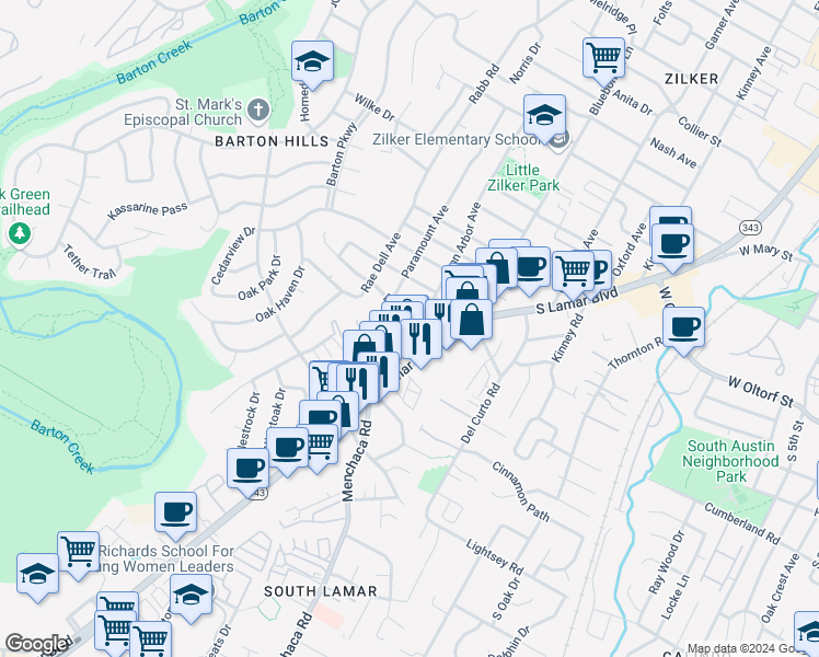 map of restaurants, bars, coffee shops, grocery stores, and more near 2632 South Lamar Boulevard in Austin