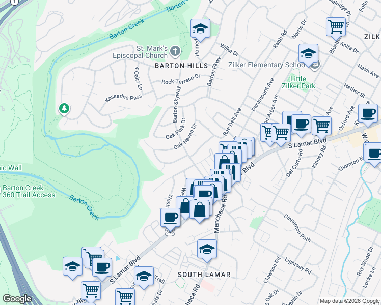 map of restaurants, bars, coffee shops, grocery stores, and more near 2905 Rae Dell Avenue in Austin