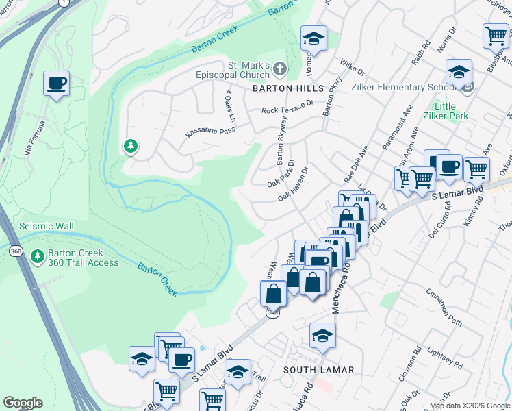 map of restaurants, bars, coffee shops, grocery stores, and more near 3006 Rae Dell Avenue in Austin