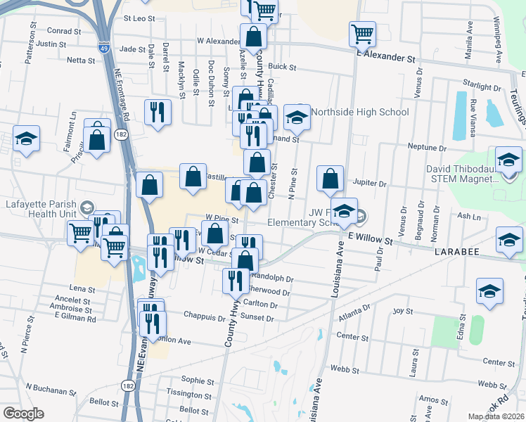 map of restaurants, bars, coffee shops, grocery stores, and more near 110 East Pine Street in Lafayette
