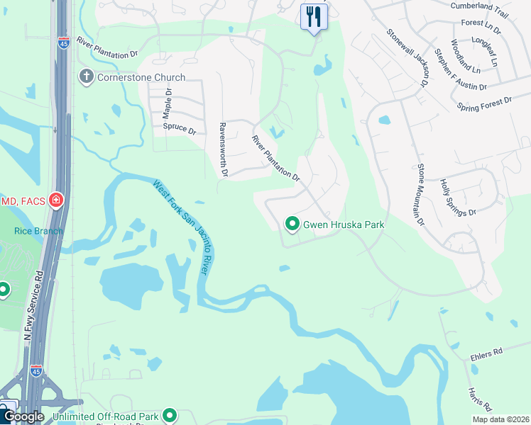 map of restaurants, bars, coffee shops, grocery stores, and more near 527 Brandon Road in Conroe