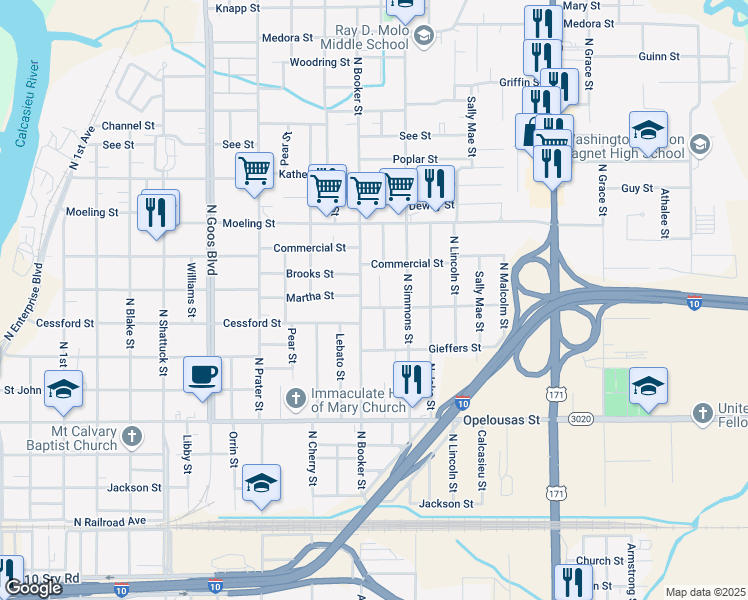 map of restaurants, bars, coffee shops, grocery stores, and more near in Lake Charles