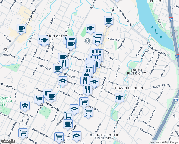 map of restaurants, bars, coffee shops, grocery stores, and more near 1805 Eva Street in Austin
