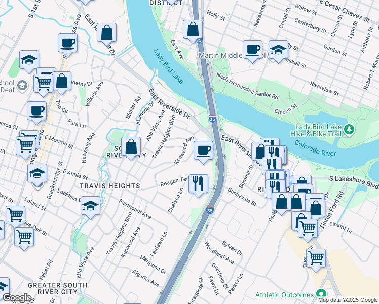 map of restaurants, bars, coffee shops, grocery stores, and more near 1318 Bonham Terrace in Austin