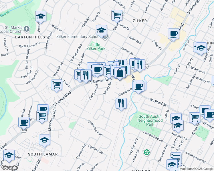 map of restaurants, bars, coffee shops, grocery stores, and more near 2200 Iva Lane in Austin