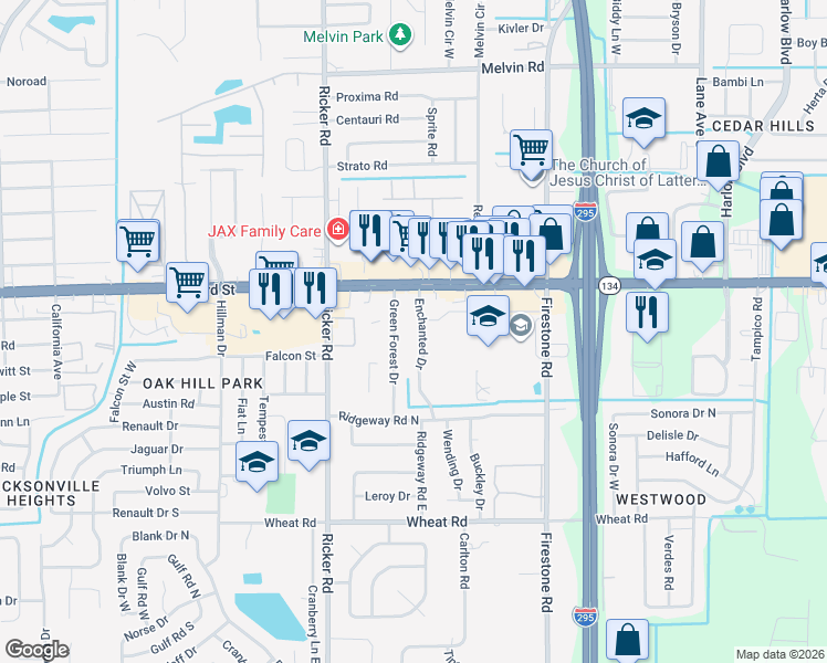 map of restaurants, bars, coffee shops, grocery stores, and more near 5608 Enchanted Drive in Jacksonville