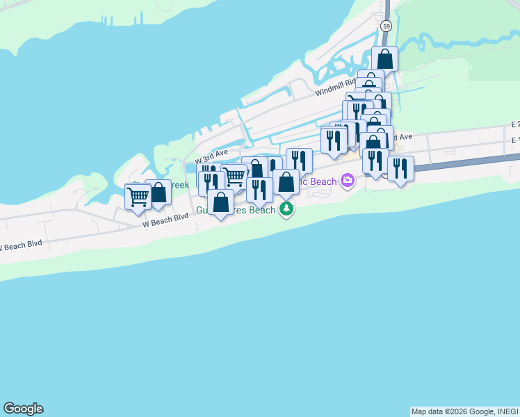 map of restaurants, bars, coffee shops, grocery stores, and more near 433 West Beach Boulevard in Gulf Shores