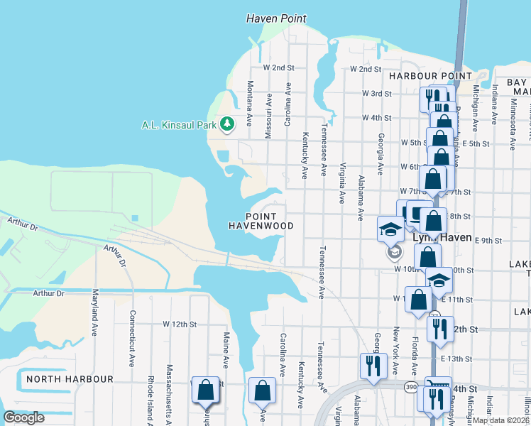 map of restaurants, bars, coffee shops, grocery stores, and more near 707 West 8th Street Circle in Lynn Haven