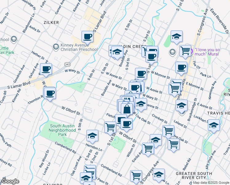 map of restaurants, bars, coffee shops, grocery stores, and more near 800 West Johanna Street in Austin