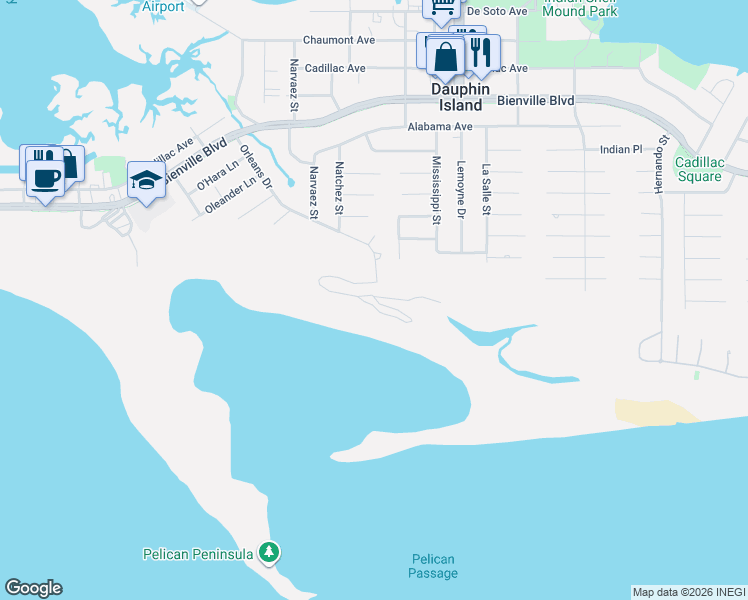 map of restaurants, bars, coffee shops, grocery stores, and more near 126 Orleans Drive in Dauphin Island